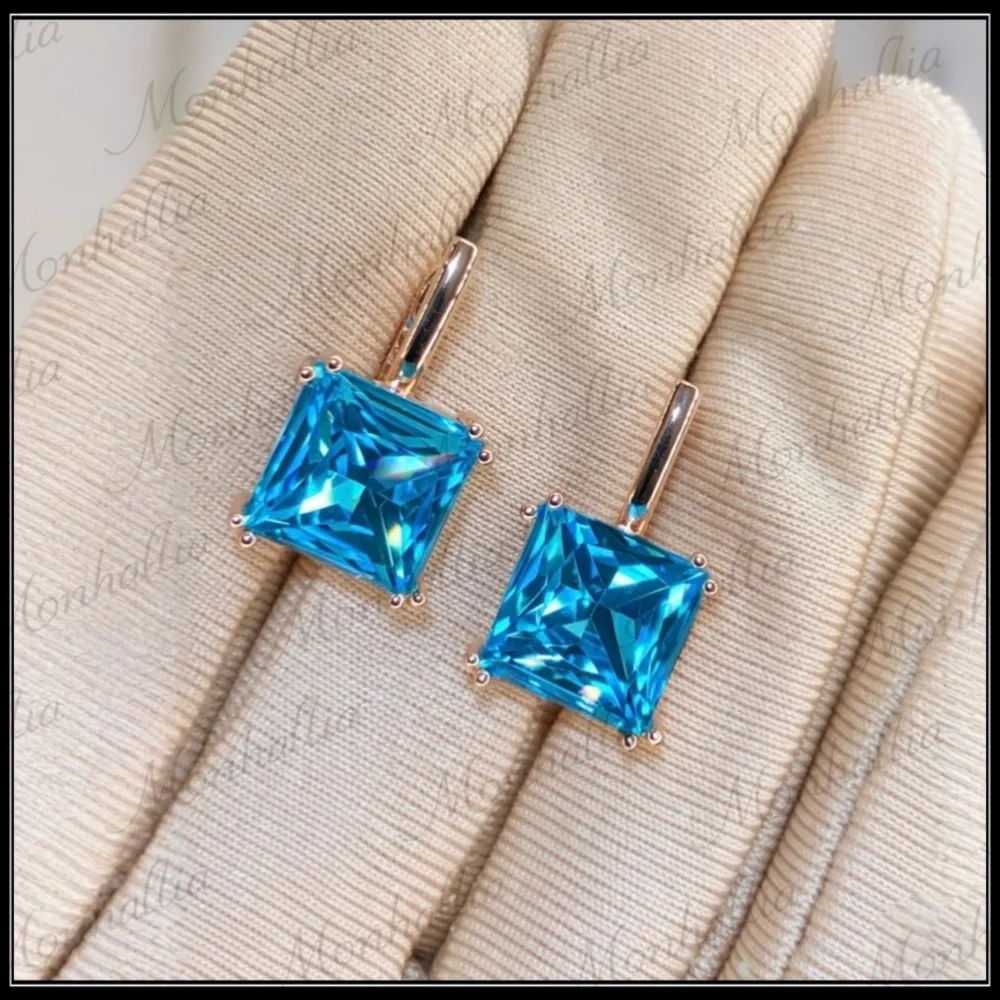 NEW 585 ROSE GOLD BLUE TOPAZ PRISM SQUARE CUT HOOK EARRINGS